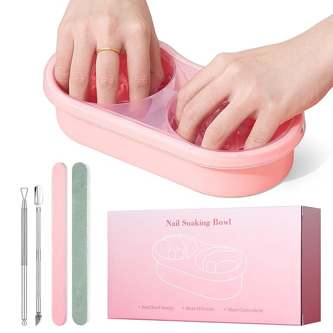 Dual Nail Soaking Bowl, Soak Off Gel Polish Remover Bowl for Home Users, Time Saver Manicure Bowl for Dip Powder/Gel/Acrylic Removal at Home & Salon, Pink