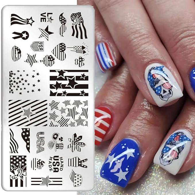 4th of July Nail Art Stamping Plates American Flag Designs Nail Stamp Templates DIY Stainless Steel Star Nail Image Polish Template Manicure Accessories for Women and Girls