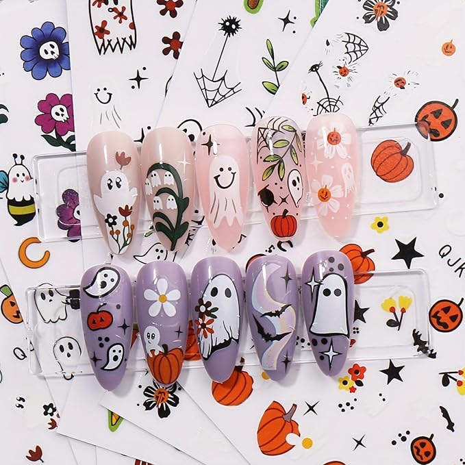 9 Sheets 3D Halloween Nail Art Stickers Self-Adhesive Cute Skull Pumpkin Bat Ghost Spider Designs Cartoon DIY Flowers Nail Art Stickers Decals Halloween Nail Supplies for Women Nails Art Decoration