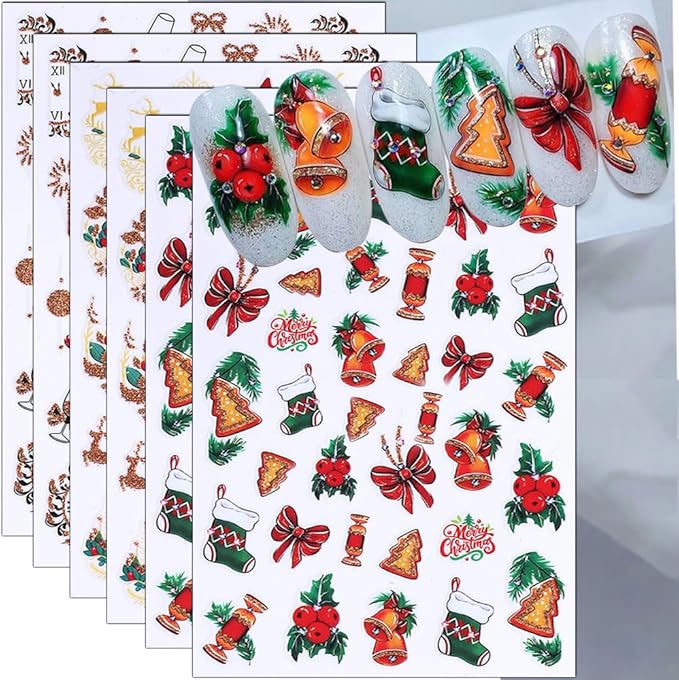 6Pcs Christmas Nail Stickers Red Bow Socks Little Bell Fruit Nail Decals DIY Self Adhesive Santa Claus Gold Tree Fireworks Design Nail Decoration Supplies Holiday Manicure Accessories for Women Girls
