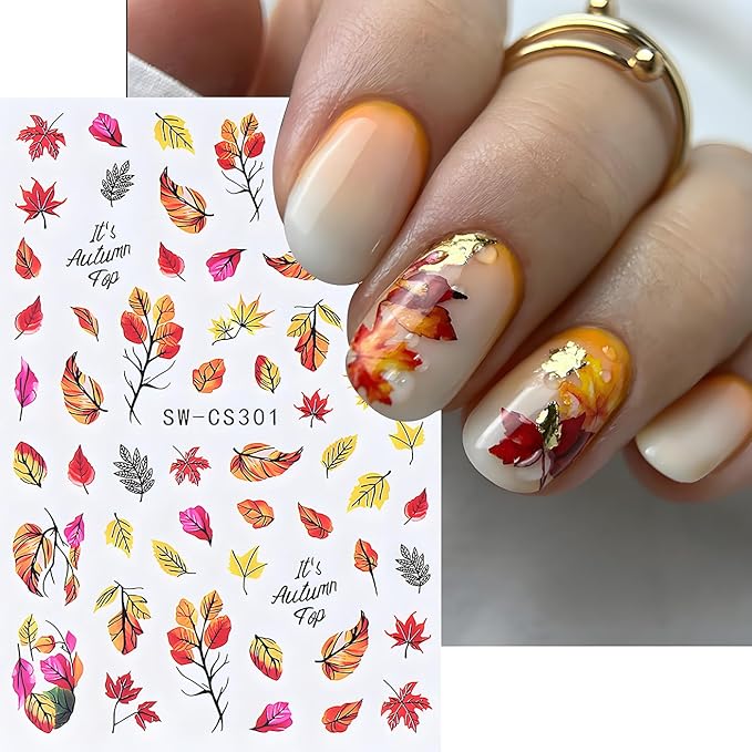 Fall Maple Leaves Nail Art Stickers for Thanksgiving, Fall Nail Art Decals 3D Self-Adhesive Leaf Flower Tree Nail Design 6Pcs Nail Art Supplies for Women Nail Decoration