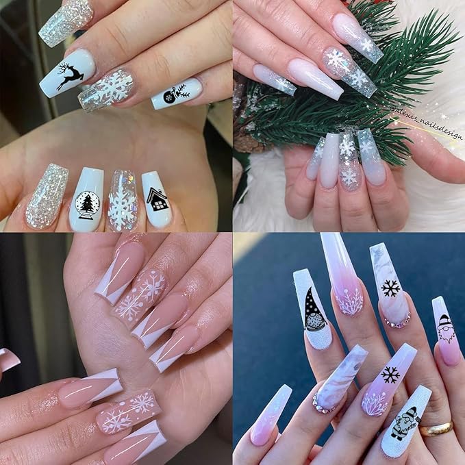 8Sheets Snowflake Nail Art Stickers 3D Xmas Nail Decals White Glitter Snow Nail Design Cartoon Elk Snowflake Snowman Bell Reindeer Sticker Foil Manicure Winter New Year Christmas Nail Decoration