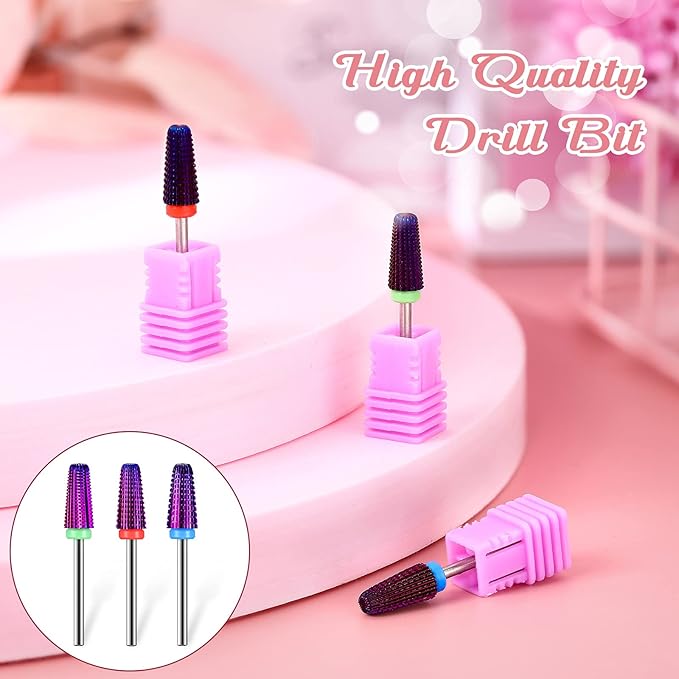 3 Pieces Nail Carbide 5 in 1 Bit, Nail Drill Bits Set-2 Way Rotate Use for both Left to Right Handed, 3/32 Inch Shank Size Drill Machine for Fast Remove Acrylic or Hard Gel (Purple)