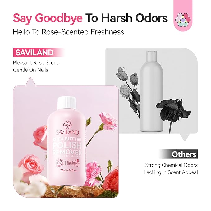 SAVILAND Plant-Based Nail Polish Remover: 200 ML Non-Acetone Non Drying Fingernail Polish Remover Shea Butter Nails Removal Rich in Castor Oil VE for Cateye Glitter Regular Nail Polish Home Salon Use