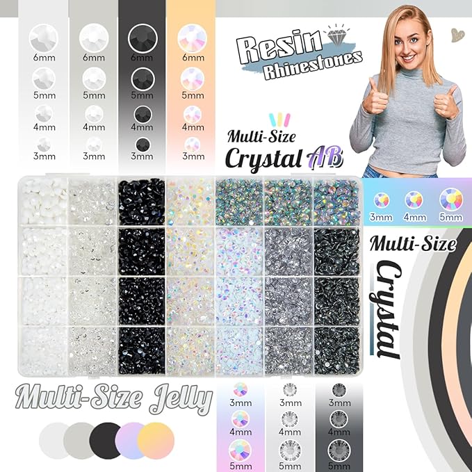 28 Types Black White Silver Clear Jelly Resin Rhinestones w B7000 Glue for Bedazzling Crafting 3-6mm Flatback Stones Gems Diamonds Crystals for Face Makeup Crafts Tumblers Bottles Clothes Shoes