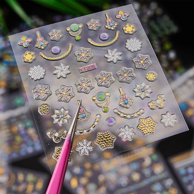 30 Sheets Gold Nail Art Stickers Blue Diamond Nail Design Stickers Heart Self Adhesive Acrylic Nail Supplies 3D Cute Floral Nail Decorations for Women Girls