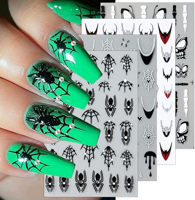 4 Sheets Halloween Nail Decals for Nail Art 3D Spider Web Nail Art Stickers with Diamond Designs Self-Adhesive French Tip Glitter Bat Nail Sticker Skeleton Butterfly Nail Decal for Women Nails Decor