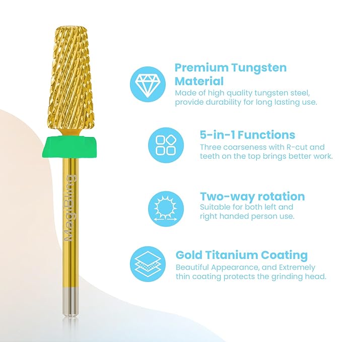 Nail Drill Bits 5 in 1 Tapered Barrel, 3/32'' Safety Tungsten Carbide Bits, Two-way Rotation, Suitable for Manicure Pedicure Cuticle Gel Polishing, Technicians Bits, Grit: Coarse.