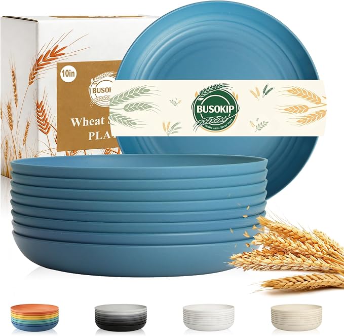 Deep Dinner Plates 10 Inch, Plastic Plates Reusable, Unbreakable Wheat Straw by BUSOKIP