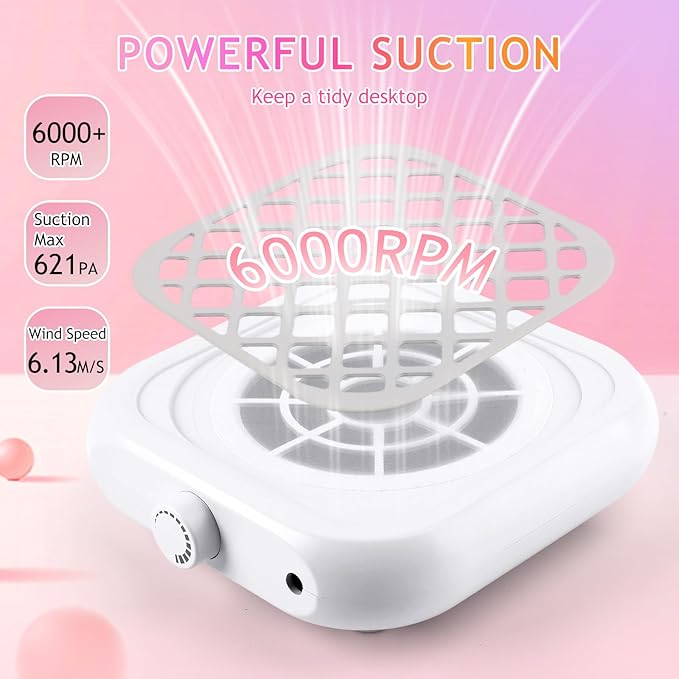 Mini Nail Dust Collector, Compact Nail Vacuum Fan Dust Collector for Beginner with 30PCS Filter Pads, Powerful Dust Suction Machine for Acrylic Nail Polishing Salon Home, Plug-in(White)