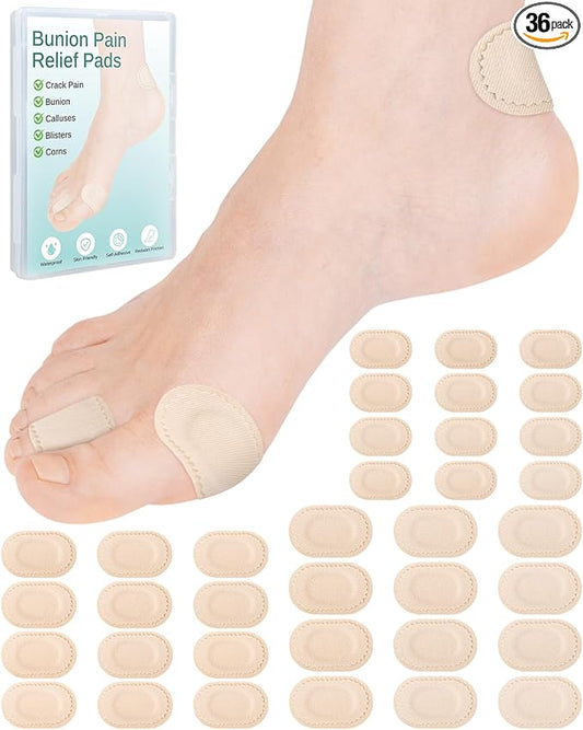 36Pcs Bunion Pain Relief Pads to Wear with Shoes, Bunion Corrector Cushions for Women Men Big Pinky Toe Protector, Moleskin for Feet, Water-Resistant, Self-Adhesive (Multi-Size)