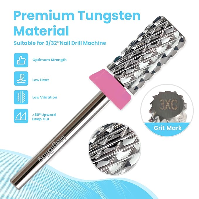 Super Cut Large Barrel Nail Drill Bits for Professional Users, 3/32'' Tungsten Carbide Bits, Upward Deep Cut for Removing Hard Gel Fast, Right Hand Use, Manicure Cuticle Gel Polishing, Triple Coarse.