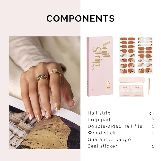 Nailog Semi Cured Gel Nail Strips 34 pcs| Long Lasting Nail Polish Sticker Wraps with Glossy Gel Finish, Maze
