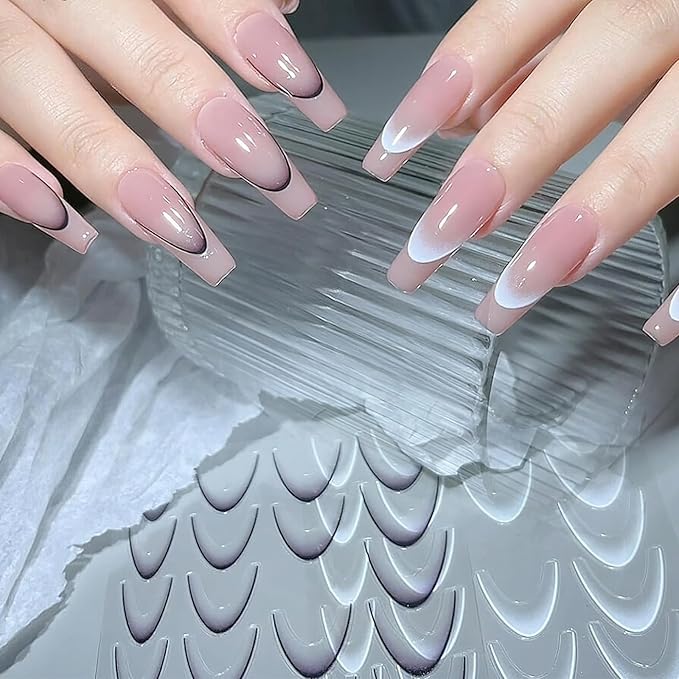 3D French Tip Nail Stickers Kit - Reusable Self-Adhesive Nail Art Decals with Geometric Patterns, DIY Manicure Designs for Women, 10 Sheets Easy Apply Salon-Quality