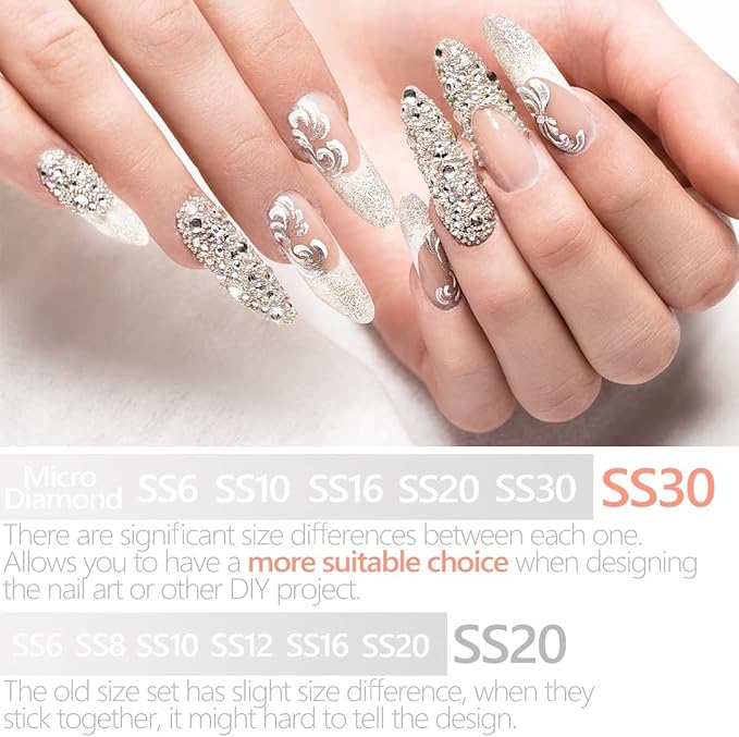 4010Pcs Crystal Clear Rhinestones, Crystal White Nail Rhinestones for Makeup K9 Glass 6 Sizes (1.6-6mm) to SS30 Round Flatback Nail Gems Stones Jewels Non-Hotfix Nail Charms for Nails Eyes Face Crafts