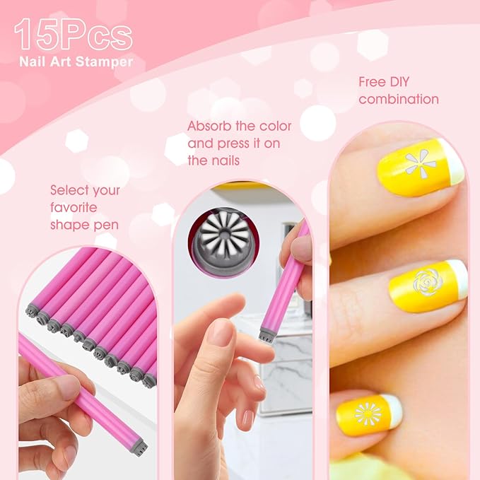 Nail Art Stamp Pen Set - 15pcs Professional Nail Stamping Kit with Floral Patterns, Silicone Tools for DIY Nail Art Designs for Beginners Women Girls (15Pcs Set)