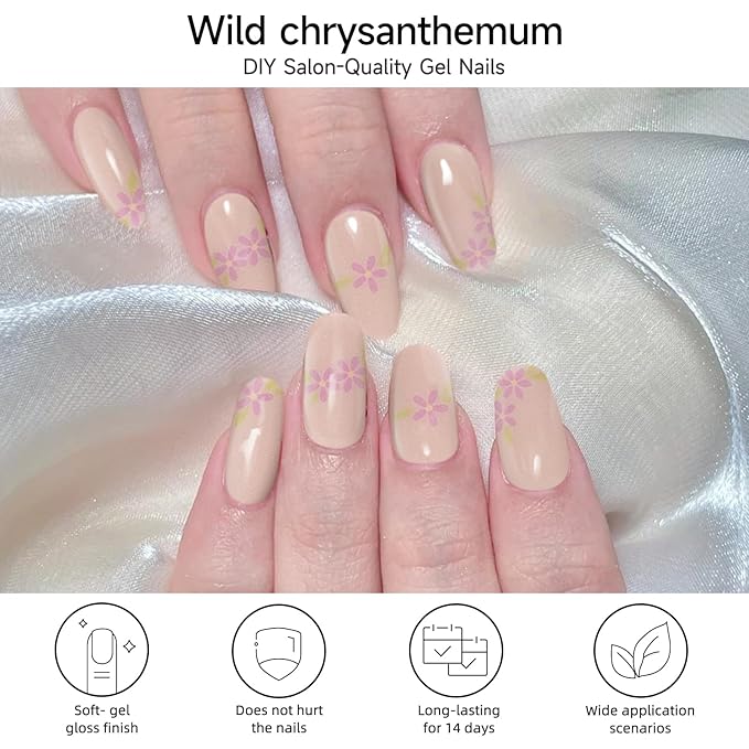 Semi Cured Gel Nail Strip, Wild Chrysanthemum | 28 pcs Gel Nail Strips Work with Any UV Lamp, Salon Quality UV Nails Stickers, Easy to Apply for Home Nails DIY