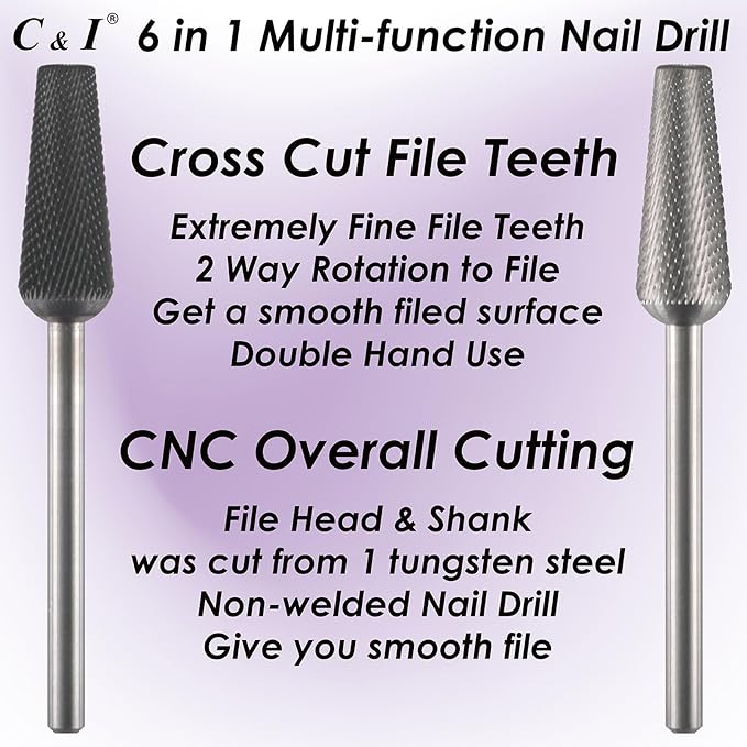 C & I Nail Drill Bit 6 in 1 Multi-function Rounded End E File, Tungsten Steel CNC Overall Cutting, Manicure Tool for Nail Tech Quick Remove Nail Gels, Acrylic Nails (Original, Extra Fine -XF)