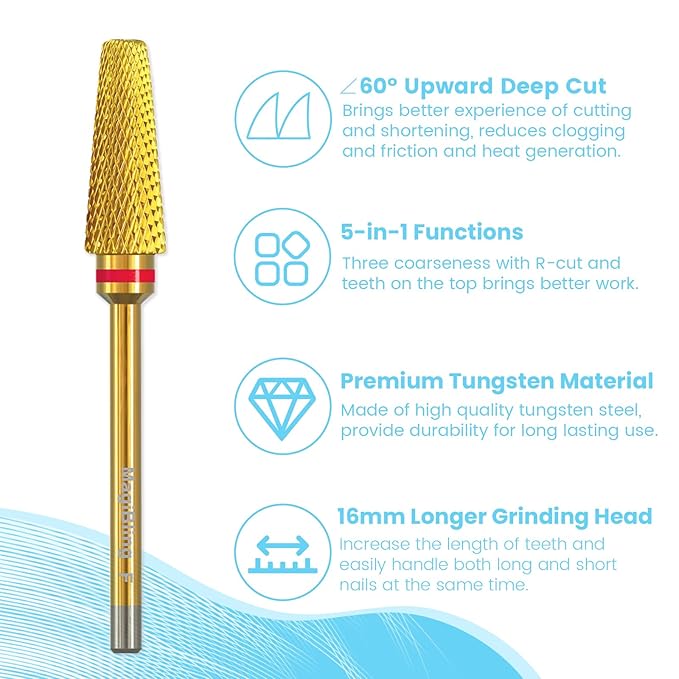 Super Cut 5 In 1 Nail Drill Bits，Tapered 3/32'' Safety Tungsten Bits, Upward Cut for Hard Gel Removal, Right Hand Use, Manicure Cuticle Gel Polishing, Technicians Bits, Gold, Fine.