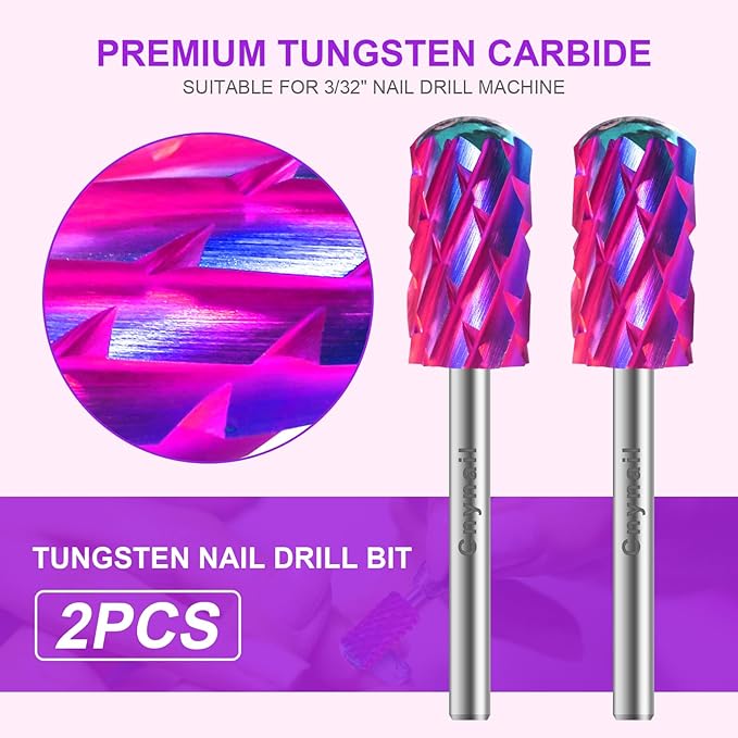 3/32" 2PCS Large Barrel Smooth Round Top Tungsten Carbide Nail Drill Bit Safety Bit for Gel & Acrylic Removal, Right Way Rotating Efile Tip, Salon Electric File Accessory (5XC Grit, Purple)