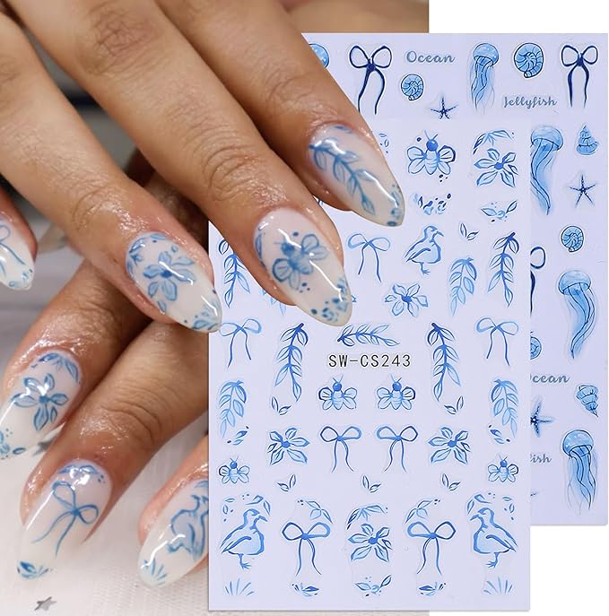 Tropical Nail Art Stickers Decals 14 PCS 3D Blue Flower Jellyfish Nail Art Designs Hibiscus Butterfly Geometry Stickers Colorful Charms Nails Supplies Self Adhesive Summer Manicure Decor