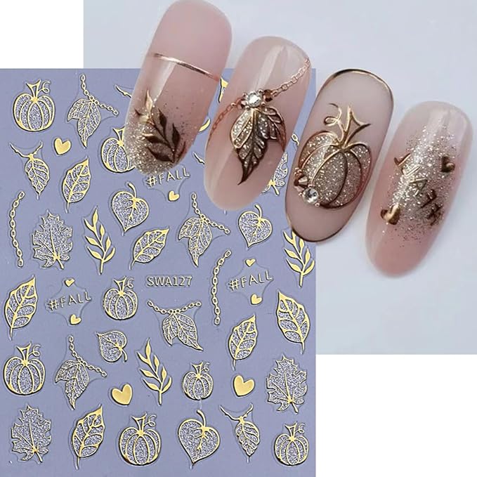6Pcs Fall Nail Art Stickers Autumn Maple Leaf Nail Decals 3D Self-Adhesive Fallen Leaves Nail Stickers Cute Pumpkin Chain Nails Supplies Thanksgiving Manicure Sliders for Women Nails Art Decorations