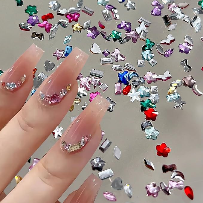 1440Pcs Mini Nail Rhinestones Colorful Nail Art Charms Multi Shape Crystal Charm Luxury Nail Art Flat Back Gems for 3D Small Star Heart Star Flower Nail Diamonds DIY Accessories Glitter Manicure Decor