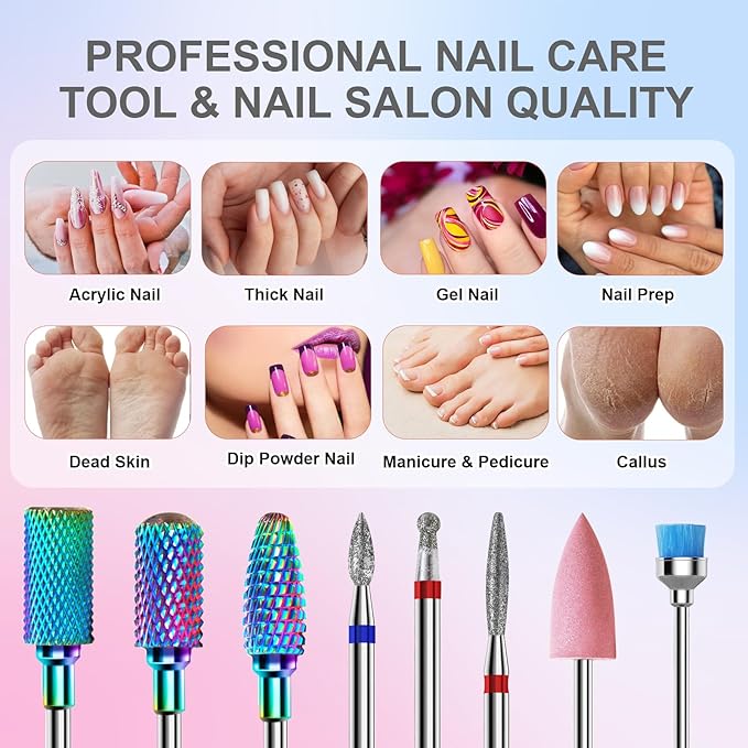 3/32'' Nail Drill Bits Set – 8pcs Tungsten Carbide & Diamond Bits for Acrylic, Gel & Cuticle Removal – Professional Electric Nail File Kit for Manicure, Pedicure – Home & Salon Use