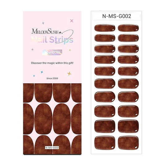 MelodySusie Semi Cured Gel Nail Strips (Brown Shading), Works with Nail lamp, Salon Quality, Long Lasting, Easy to Apply and Remove, Includes 20Pcs, 2 Prep Pads, Nail File and Wooden Stick