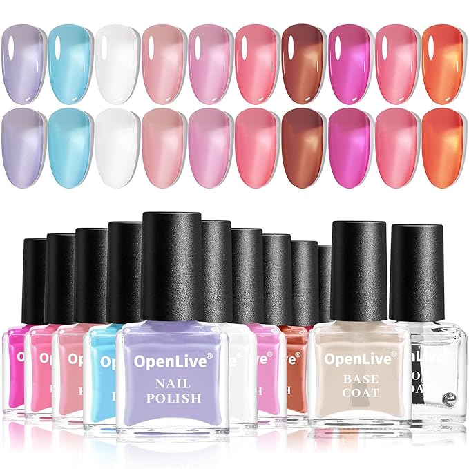 Jelly Nail Polish Set, 10 Color With 2PCS Base and Top Coat Nail Polish