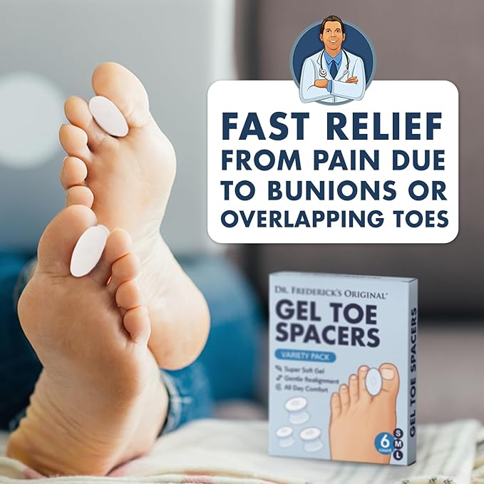 Dr. Frederick's Original Gel Toe Separators - 6 ct - Soft Spacers for Bunions, Overlapping Toes & Pain Relief - Variety Pack - Includes Small/Medium/Large