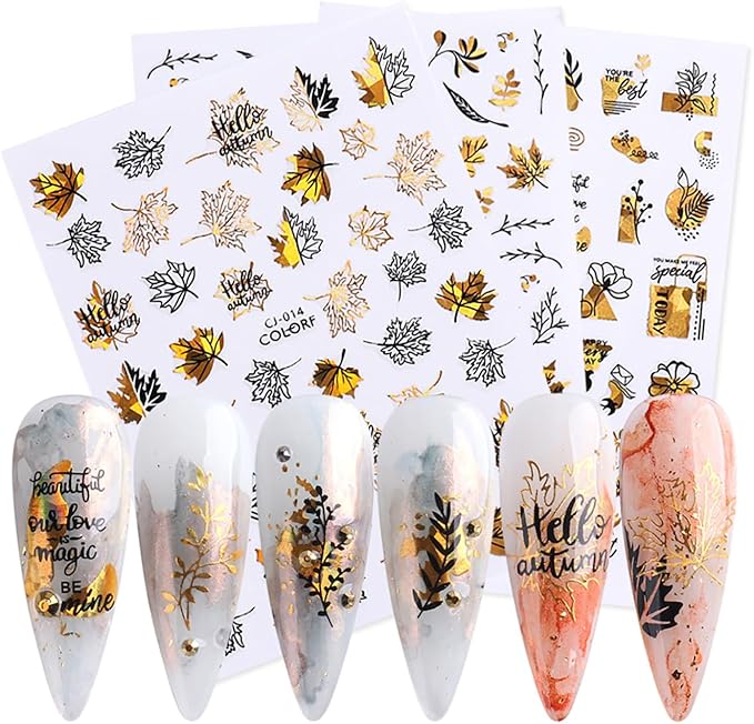 Fall Maple Leaves Nail Art Stickers for Thanksgiving, Gold Maple Leaves Nail Decals 3D Self-Adhesive with Flowers Butterfly Design 6Pcs Laser Gold Glitter Nail Art Supplies for Women Nail Decoration
