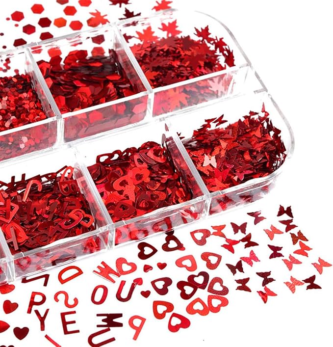 Laser Red Glitter Nail Art Sequins, Holographic 3D Glitters Flakes Decor, Love Heart Letters Butterfly Flowers Stars Circle Nail Art Designs for Women Manicure Charms Decorations False Nails Supplies