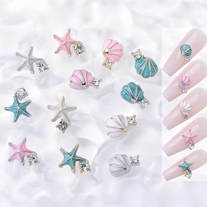 24Pcs Alloy Seashell Starfish Nail Charms for Acrylic Nails 3D Shiny Metal Seashell Starfish Nail Rhinestone Ocean Silver Diamond Starfish Nail Charms Nail Accessories for Women DIY Manicure Decor