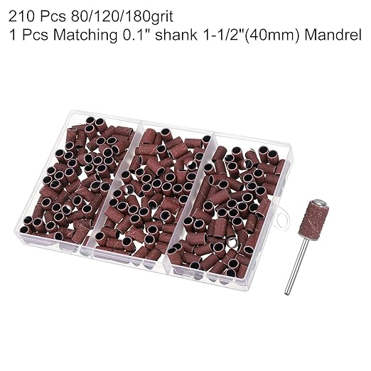 HARFINGTON 211pcs Small Sanding Bands 80/120/180 Grit for Nail Drill Bits Mini Sanding Band with 2.35mm Mandrel for Nails Gel Manicures Brown