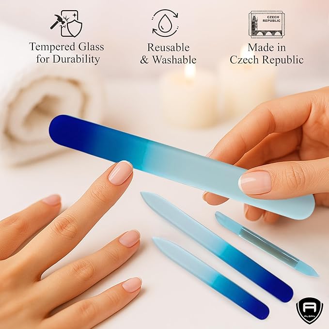 Alban Czech Glass Nail File Set with Manicure Stick & Vegan Leather Cosmetic Case (Royal Blue Nail Files, Light Blue Manicure Stick & Cosmetic Case)