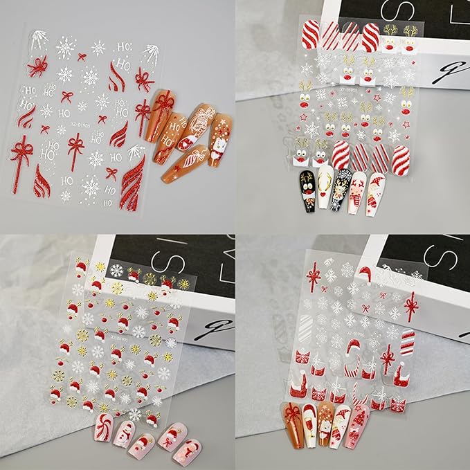 Christmas Nail Stickers - 10 Sheets 3D Nail Art Decals with Christmas Hat Snowflake Elk Red French Glitter Nail Decals Stickers - DIY Manicure Supplies for Women