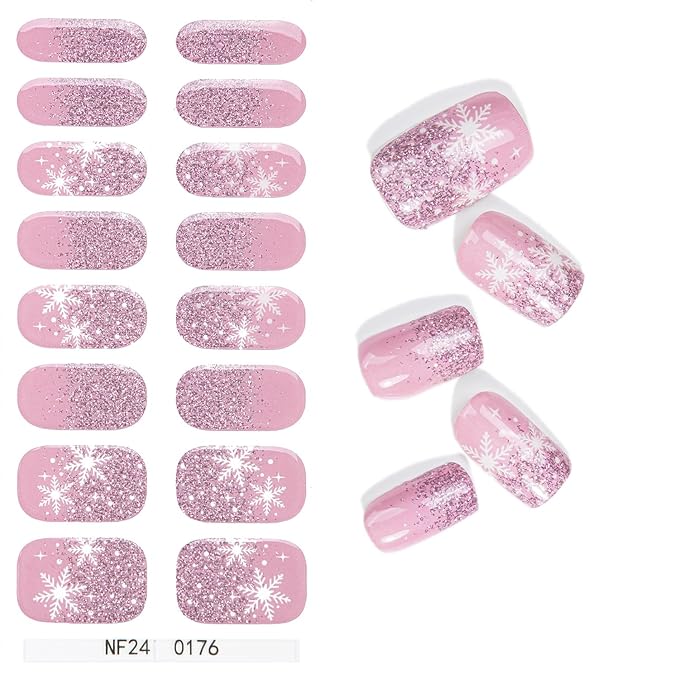 Christmas Semi Cured Gel Nail Strips, 16 Pcs Winter Xmas Gel Nail Stickers Snowflake Designs Glitter Wraps for UV/Led Manicure Lamp Nails Art Decorations