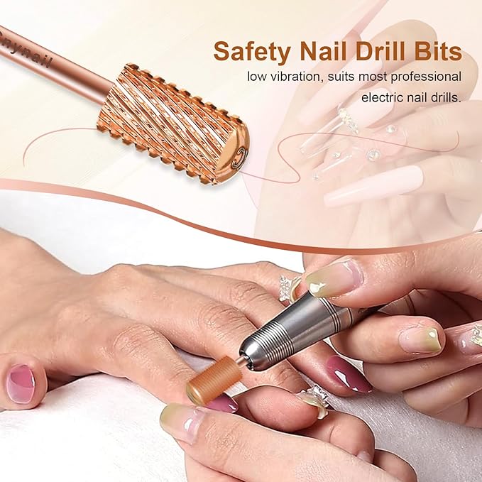 3/32" Large Barrel Smooth Round Top Tungsten Carbide Nail Drill Bit Safety Bit for Gel & Acrylic Removal, 2-Way Rotating Efile Tip, Salon Electric File Accessory (XC Grit, Rose Gold)