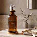 Glass Mouthwash Dispenser for Bathroom, Amber | Bamboo Tray & Mouthwash Cup - Image 2
