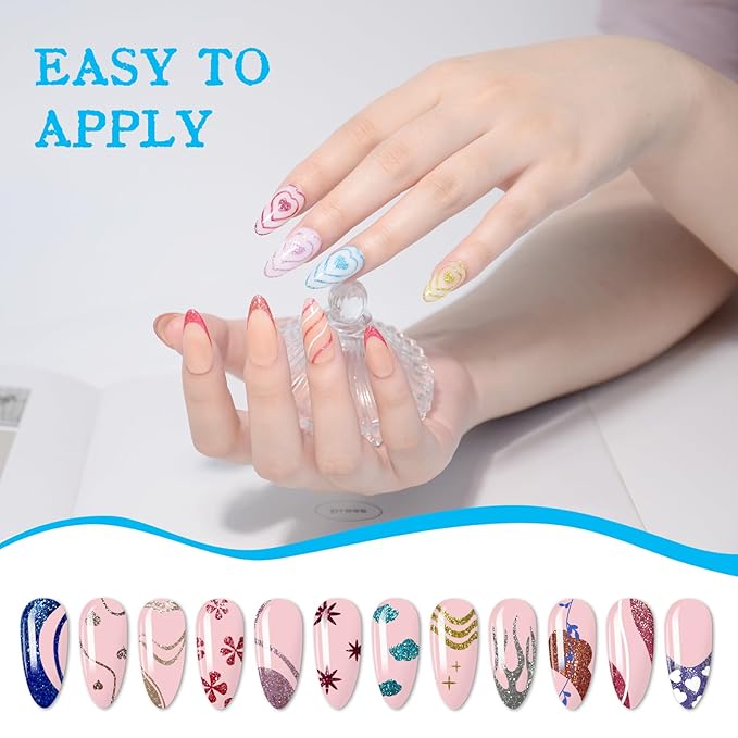 Nail Art Gel Liner Set, 12 Colors Platinum Pink Gold Green Glitter Fall Winter Gel Polish for Swirl French Tip Painting Designs Soak Off Built Thin Brush DIY Nail Design Kit