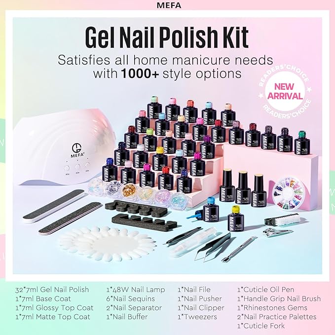 MEFA 56 Pcs Gel Nail Polish Kit with U V Light, 32 Colors Hot Pink Colorful Gel Nail Kit Glitter nail Polish Set Nail Art Decorations Manicure Tools DIY Gifts