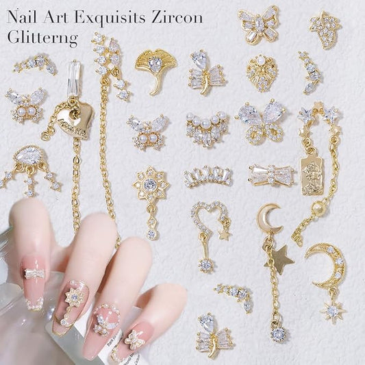 HNUIX Nail Charms and Gems - Gold Copper Zircon, Multiple Shapes Dangle, Metal Jewelry Rhinestones for Nails 22Pieces