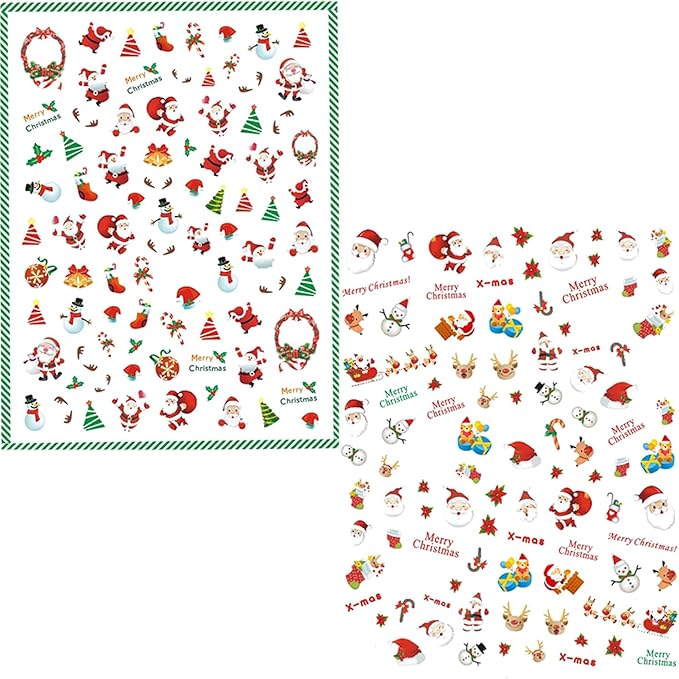 HNUIX Nail Stickers - 3D Christmas, Self Adhesive Nail Decals, Multi Colour Pattern, 10 Sheets, for Nail Art