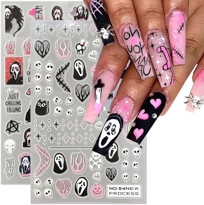 6 Sheets Halloween Nail Art Stickers Gothic Ghost Nail Decals Skull Pumpkin Spider Nail Design Horror Nail Stickers 3D Self-Adhesive Acrylic Nail Art Supplies for Women Girls DIY Halloween Manicure