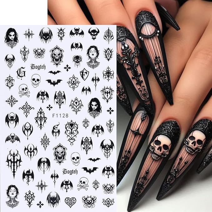 7 Sheets Black Gothic Nail Stickers for Nail Art, 3D Self-Adhesive Witchy Halloween Nail Decals, Nail Supplies Nail Art Designs Accessories for Women and Girls Manicure DIY Decoration