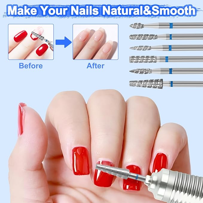 Diesisa 6 Pack Nail Drill Bits for Acrylic Nails, Diamond Carbide Nail Clipper Heads with Diamond Spiral Grooves, 3/32 Inch Cutter Attachment for Nail Preparation, Cuticle and Dead Skin Removal-Blue