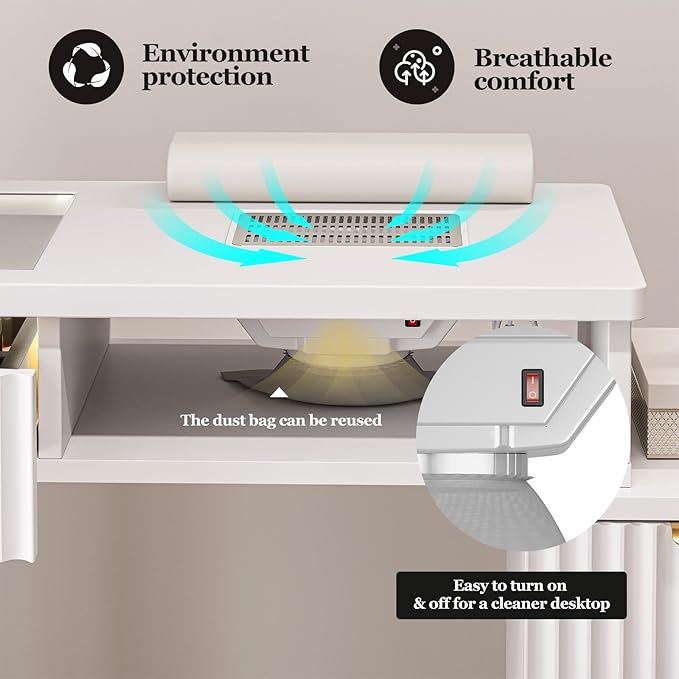 Paddie Manicure Table for Nail Tech with Dust Collector, Nail Desk Station w/4 Drawers & LED Lights, Acetone Resistant Beauty Salon Workstation w/Wrist Cushion, Golden Leg (White)
