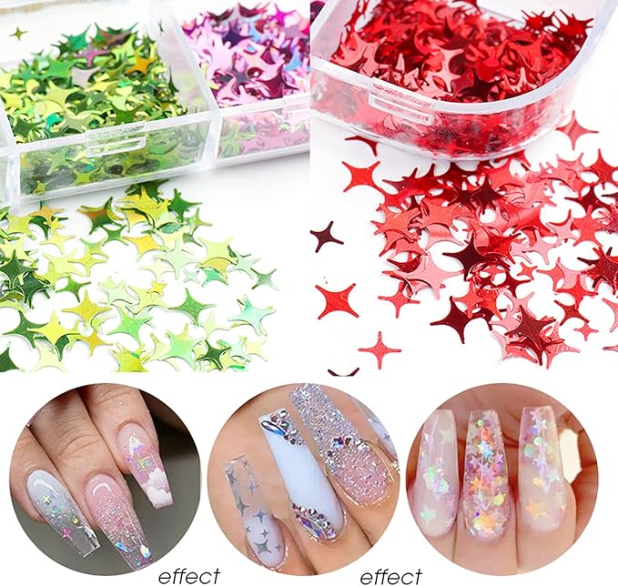 12 Colors Star Nail Art Stickers Glitter Four-Pointed Star Flakes Nail Art Sequins Paillette Confetti Holographic Laser Shining Gel Colorful Nails Decoration DIY Acrylic Nail Supplies Manicure Tips