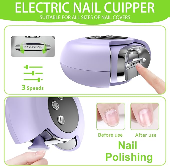 3-in-1 Electric Nail Clipper & Trimmer - 3 Speed Automatic Nail Clippers for Seniors- Rechargeable Fingernail Clipper with LED Light, Portable Fingernail Grinder & Polisher for Women & Men